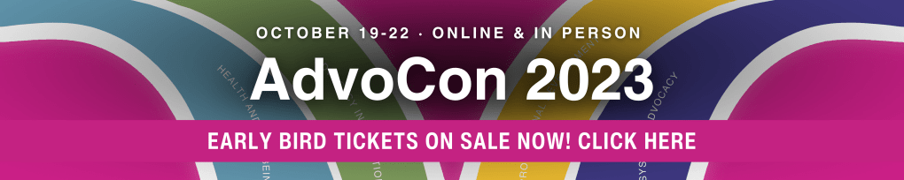 Image with bright coloured waves and a call to click on it to get early bird tickets for AdvoCon2023