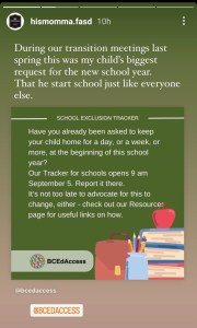 Image of a social media post about a child whose biggest request for the new school year is that he start school just like everyone else.