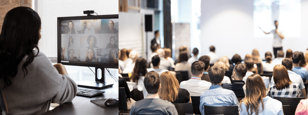 Two images side-by-side. On the left is a photo of a woman with long dark hair watching a video conference on a desktop computer. The image next to is a photo of a room of people sitting in an audience listening to a speaker making a presentation on stage at an in-person conference.
