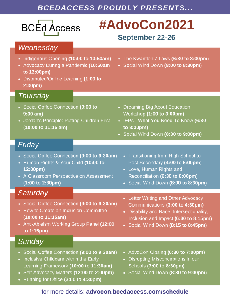 Image of conference schedule with workshop names, dates and times - schedule readable by screen reader available at advocon.bcedaccess.com