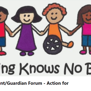 Children all holding hands in a line. "Learning Knows no bounds"